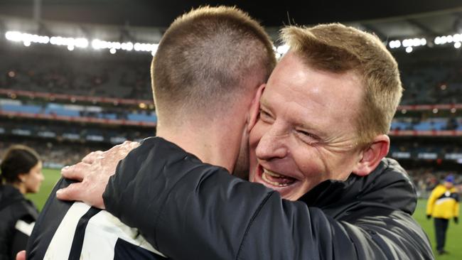 Michael Voss and Sam Docherty celebrate the Blues’ elimination final win over Sydney. Picture: Michael Klein