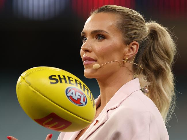 MELBOURNE, AUSTRALIA - APRIL 11: Commentator Abbey Holmes is seen prior to the round five AFL match between Melbourne Demons and Brisbane Lions at Melbourne Cricket Ground, on April 11, 2024, in Melbourne, Australia. (Photo by Robert Cianflone/Getty Images)