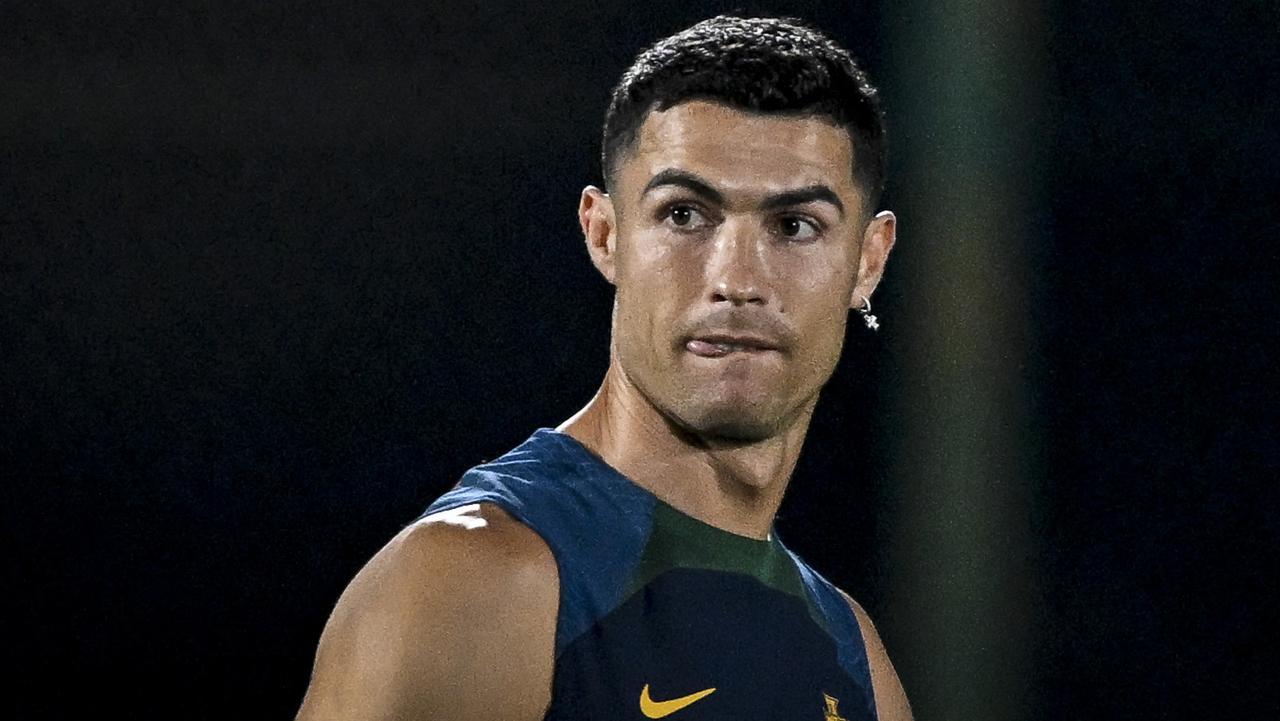 Portugal's forward #07 Cristiano Ronaldo takes part in a training session at the Al Shahaniya SC training site in Doha on December 8, 2022, in the build-up to the Qatar 2022 World Cup quarter final football match between Portugal and Morocco. (Photo by PATRICIA DE MELO MOREIRA / AFP)