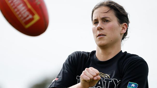 Libby Birch will play her 89th consecutive AFLW game on Friday night after carrying the remarkable streak through time at Western Bulldogs, Melbourne and now North Melbourne. Picture: Dylan Burns / Getty Images