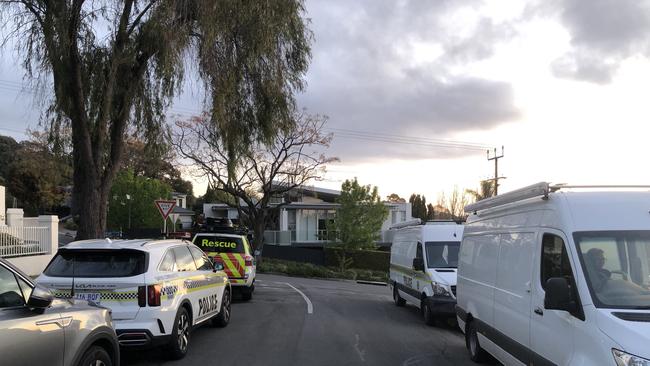 Police vans and detectives set up on Bagot St while the armed siege was unfolding. Picture: Shashi Baltutis