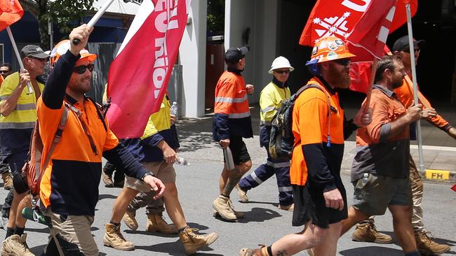 CFMEU union members march, calling on the $6 billion superannuation fund for construction workers to be protected. Picture: Brendan Radke