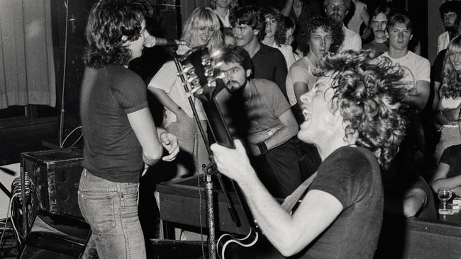 During a secret show at Sydney’s Strata Motor Inn on 5 February 1979, the last time Bon Scott played in Australia. Picture: Phillip Morris