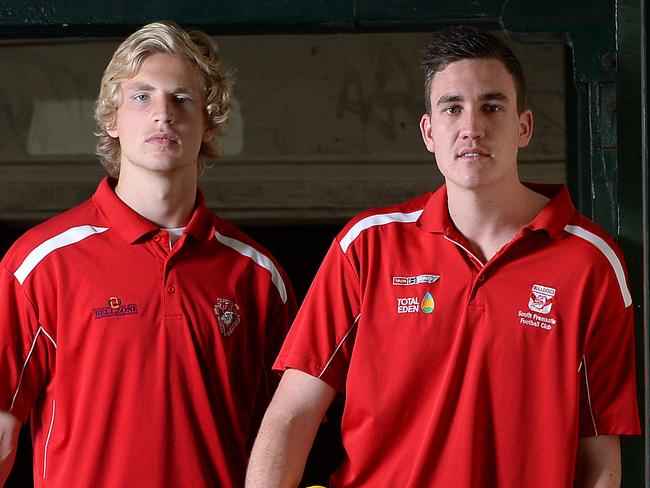 SPORT - Two young players from South Fremantle hoping to get picked up in this years AFL draft. Photo by Daniel Wilkins. PICTURED- Billy Frampton and Cameron Loersch