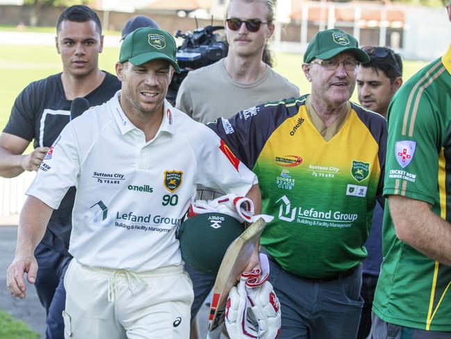 David Warner walks off after being bowled out during a local cricket game at Pratten Park, Ashfeld. Pic Jenny Evans