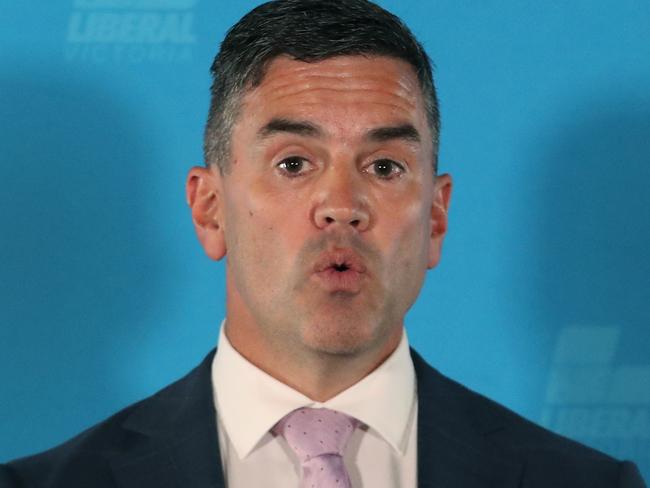 Victorian Liberals voting on a new leader in a challenge to leader John Pesutto. Brad Battin holds his first press conference after taking the leadership. into the party room. Friday, December 27. 2024. Picture: David Crosling