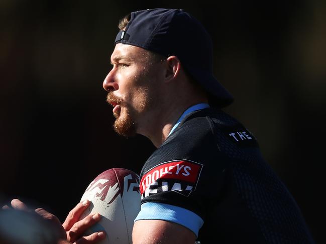 SYDNEY, AUSTRALIA - JUNE 04:  Damien Cook takes part in a drill during a New South Wales Blues State of Origin training session at Redfern Oval on June 04, 2021 in Sydney, Australia. (Photo by Matt King/Getty Images)