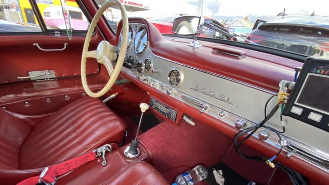 Inside the rare 1955 Mercedes Benz 300SL gull wing being driven in Targa Tasmania by Queensland father and son Chris and Oscar Bowden. Picture James Bresnehan