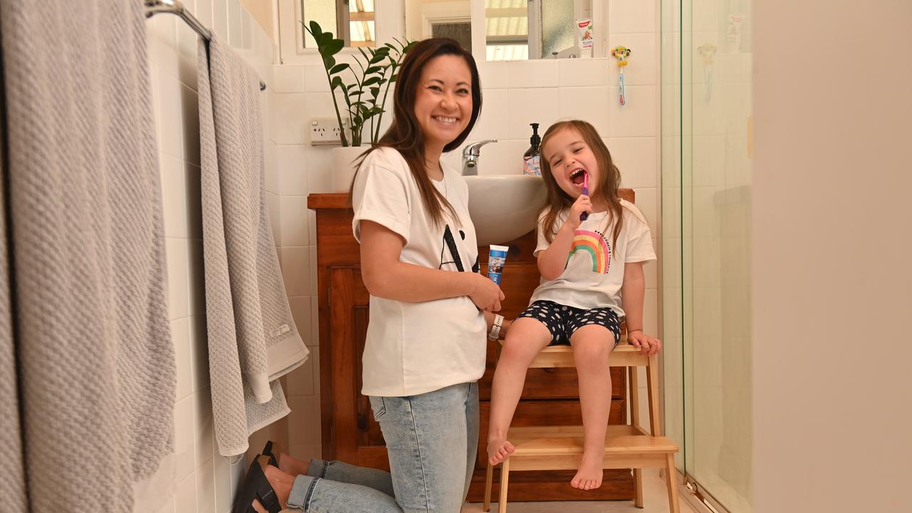 Mum and dental hygienist Tina Richardson has started teaching daughter Ava, 3, healthy brushing habits from a young age. Picture: Keryn Stevens