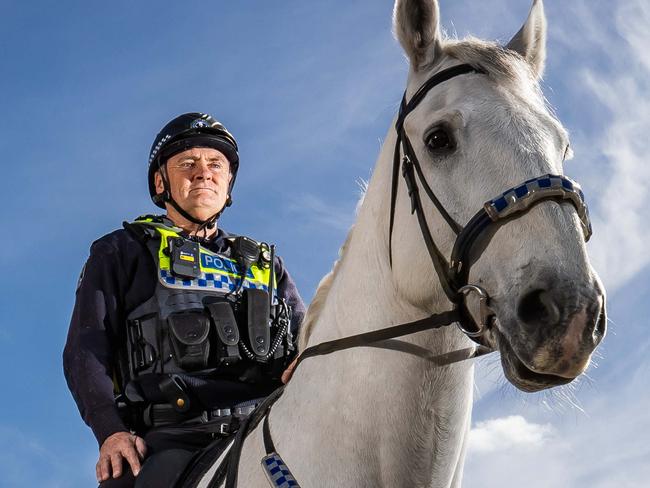 Mounted officer Senior constable Darcy Wright with Police Horse Yass, on September 30th, 2022, at the Thebarton Police Barracks.Picture: Tom Huntley