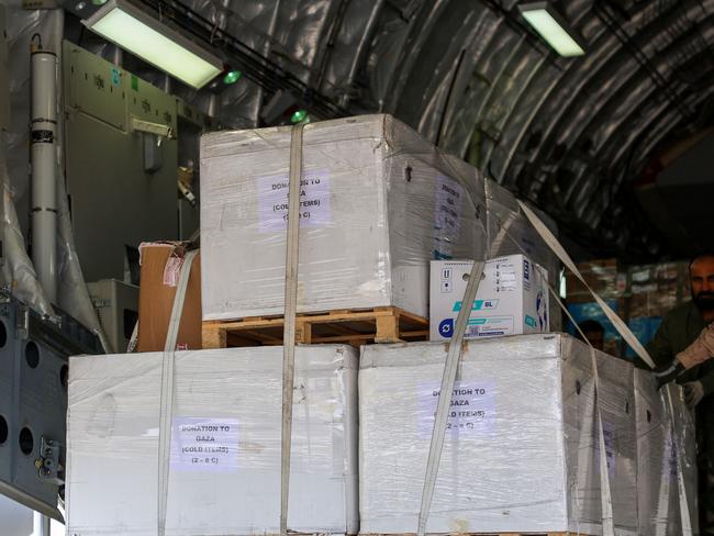 Boxes inside a Qatari military aircraft as two planes from Qatar containing aid for Gaza, including medicine for hostages, are unloaded at El Arish airport in Egypt. Picture: AFP