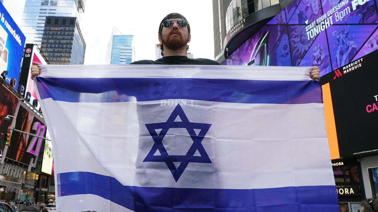 A pro-Israeli protester in Times Square, New York. Picture: Timothy A. Clary/AFP