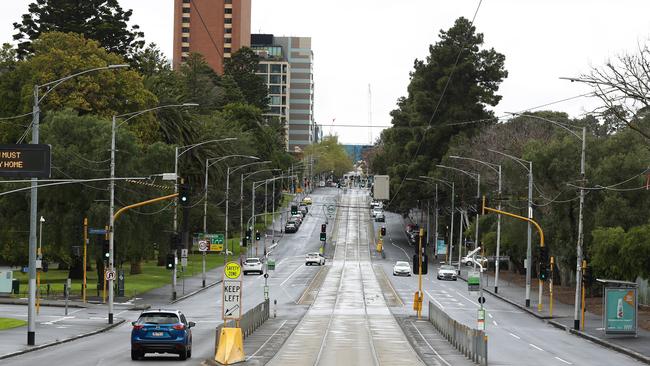 Very quiet scenes along Wellington Parade during stage four restrictions. Picture: Getty