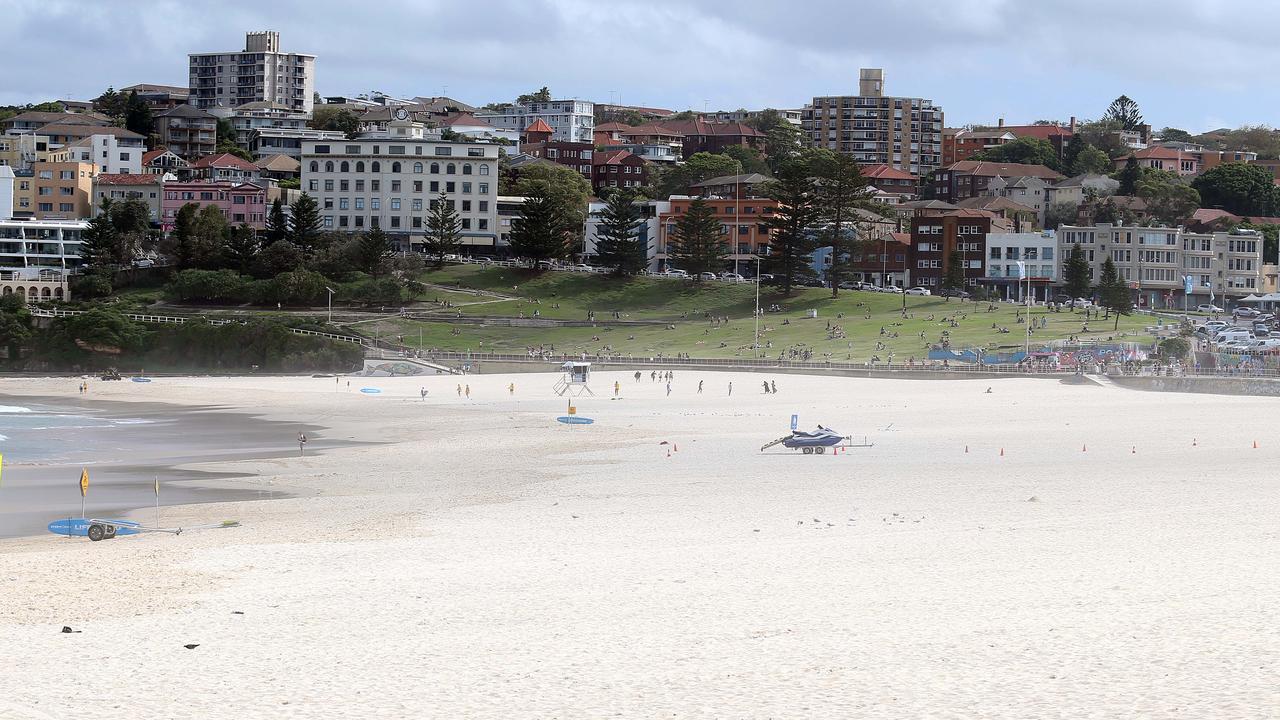 Barely a person in sight on Saturday at the now-closed Bondi Beach. Picture: Matrix Pictures