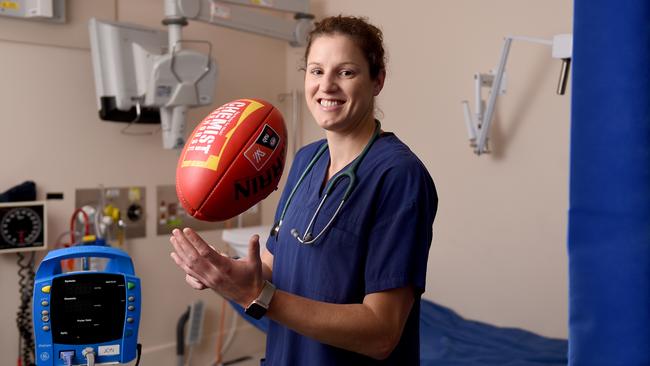 Jess Foley is a former champion basketballer who was drafted to Adelaide for the 2019 AFLW season. She is a doctor and pictured here at Noarlunga Hospital. Picture: Naomi Jellicoe