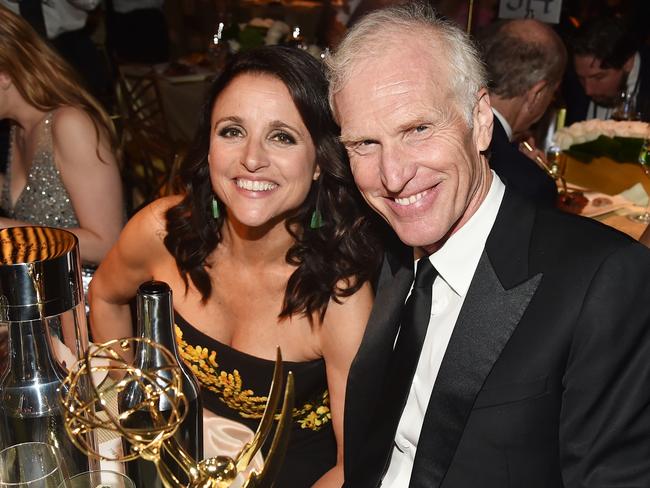 Veep actress Julia Louis-Dreyfus, winner of the awards for Outstanding Comedy Series and Outstanding Lead Actress in a Comedy Series for ‘Veep,’ and husband Brad Hall attends the 69th Annual Primetime Emmy Awards Governors Ball. Picture: Alberto E. Rodriguez/Getty Images