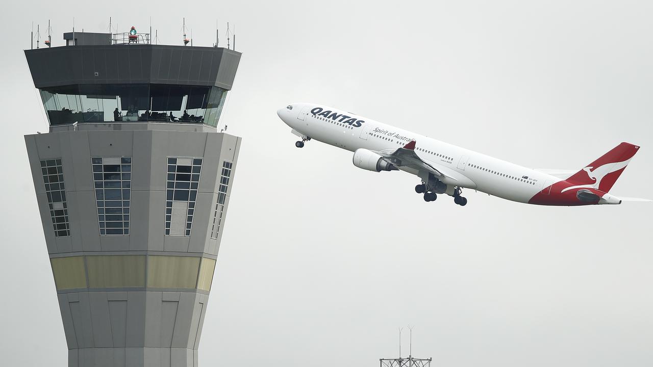 A Qantas flight takes off at Melbourne Tullamarine Airport on Tuesday. Picture: Daniel Pockett/Getty Images