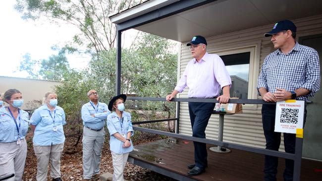 Prime Minister Scott Morrison and NT Chief Minister Michael Gunner during a visit to the Howard Springs Quarantine Facility Picture Glenn Campbell