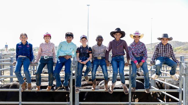 Mount Isa Rodeo 2024 - Ashlynn Daley, 9, Kaleigha Brennan, 10, Tyrahn Logan, 11, Declan Mitchell, 8, Warren Webb, 9, Joshua Ah-One, 11, Lareece Daley, 11, Kolton Porch, 8, are ready for the Mount Isa Rodeo. Picture by Luke Marsden.