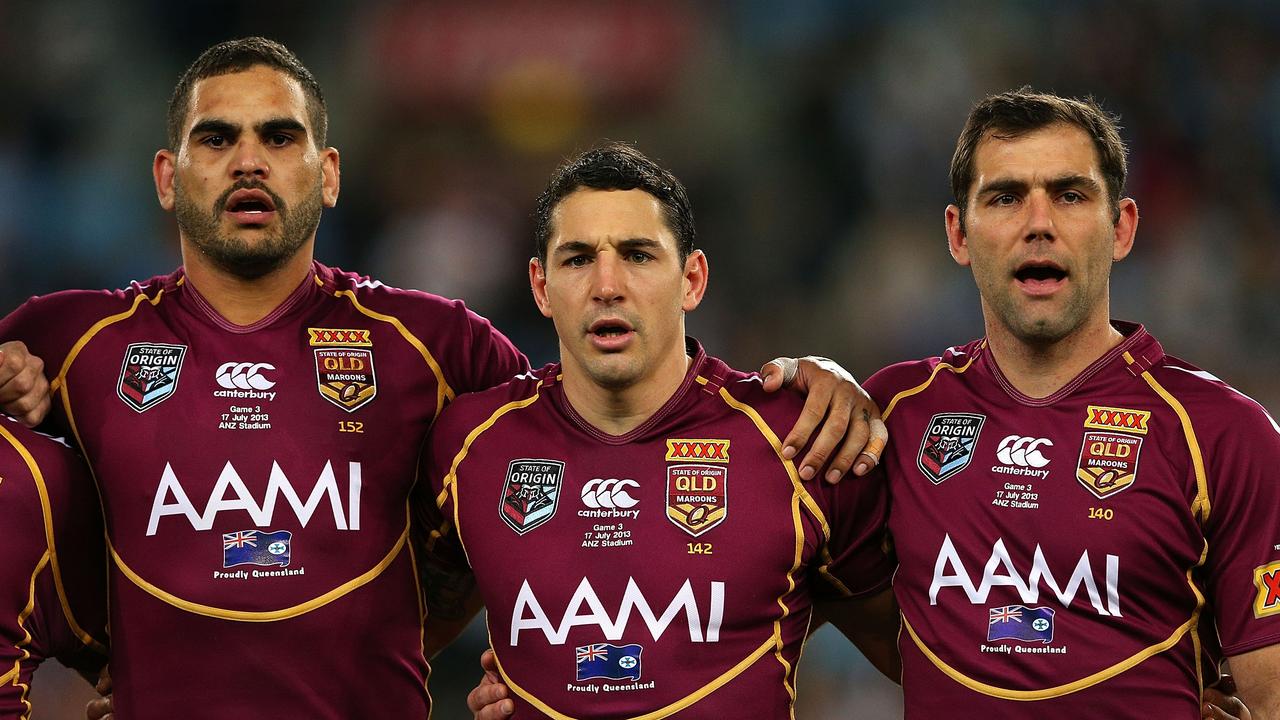Greg Inglis, left, is confident Queensland’s Origin team is in safe hands with Billy Slater and Cameron Smith in the coaches box. Picture: Cameron Spencer/Getty Images