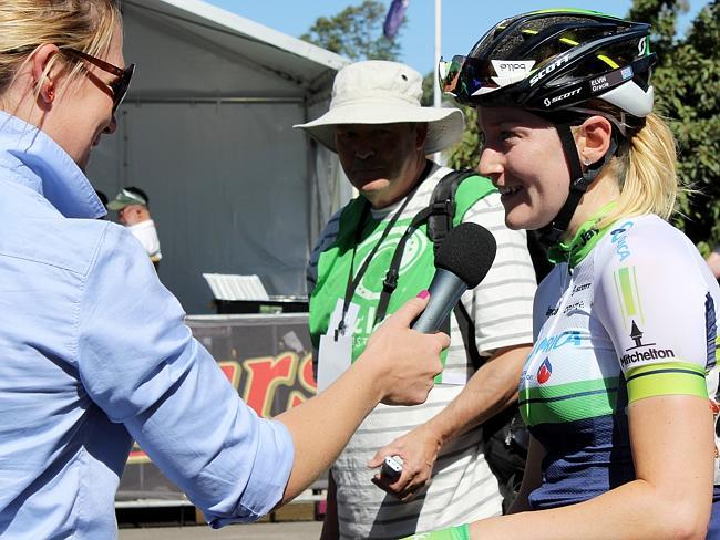 Gracie Elvin all smiles as she is interviewed following her win in the women's road race. Picture: Reece Homfray