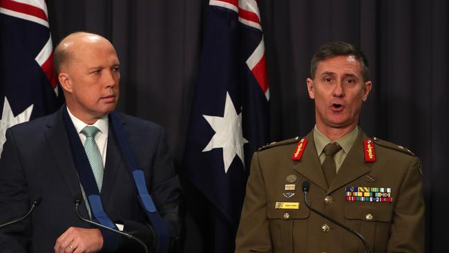 Home Affairs Minister Peter Dutton and Operation Sovereign Borders chief Major General Craig Furini in 2018. Picture: Kym Smith