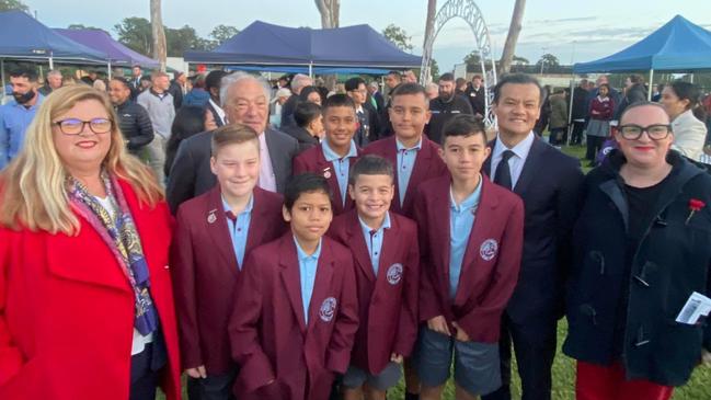 Students from St Gregory’s College Campbelltown with Dr Mike Freelander and Anoulack Chanthivong. Picture: Facebook