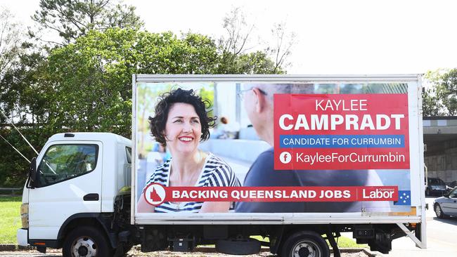 Huge banner for Labor candidate Kaylee Campradt in Currumbin.