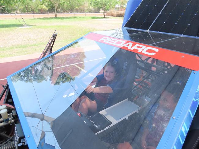 Isla Holgate in the driver's seat of the solar powered car, Monday, October 16, 2023. Picture: Darcy Jennings.