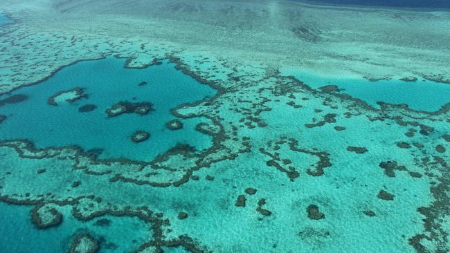 An aerial view of the Great Barrier Reef off the coast of the Whitsunday Islands.