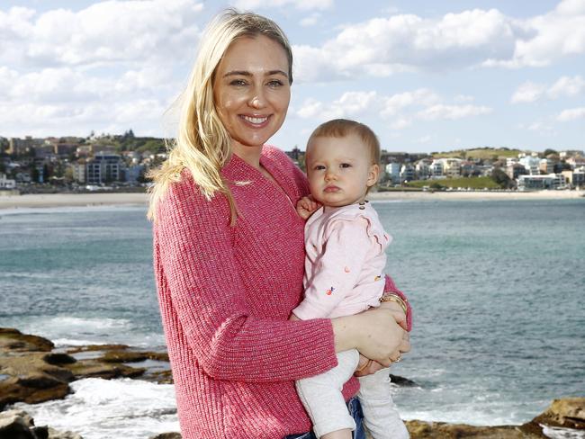 Canna Campbell with her daughter Apple Simpson, 1, at Bondi Beach. Picture: John Appleyard