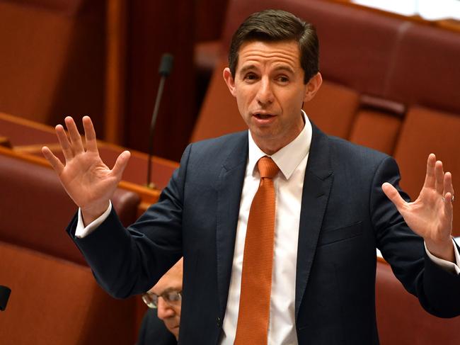 Federal Minister for Education and Training Senator Simon Birmingham during Question Time in the Senate at Parliament House in Canberra, Tuesday, August 8, 2017. (AAP Image/Mick Tsikas) NO ARCHIVING