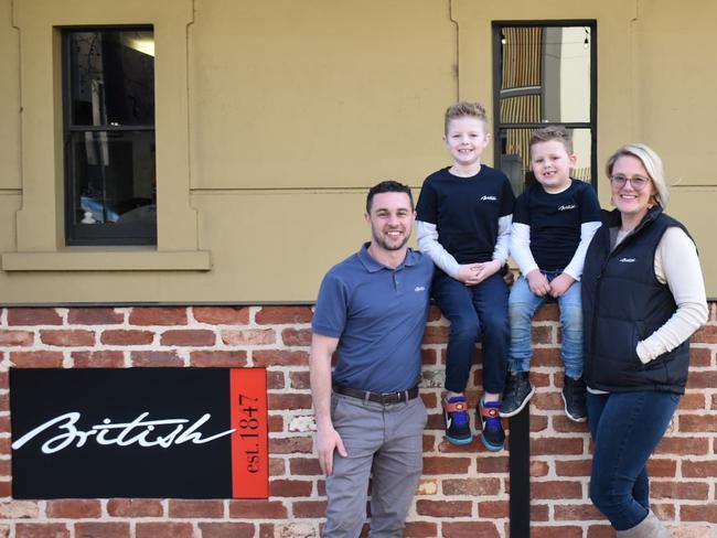 Owner of The British Hotel Ashley Coulls with his wife Abby and kids William and Jackson. Picture: Supplied