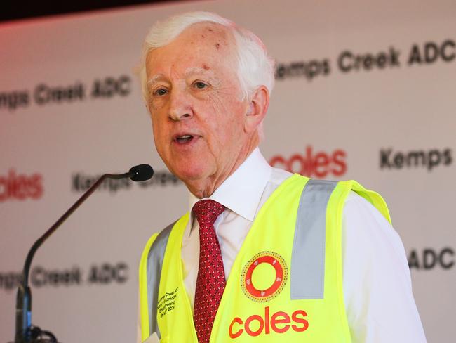 SYDNEY, AUSTRALIA : NewsWire Photos- AUGUST 06 2024. Chairman Coles Group James Graham makes a speech in Kemps Creek today for the official opening of the Coles Automatic Distribution Centre. Picture: NewsWire / Gaye Gerard