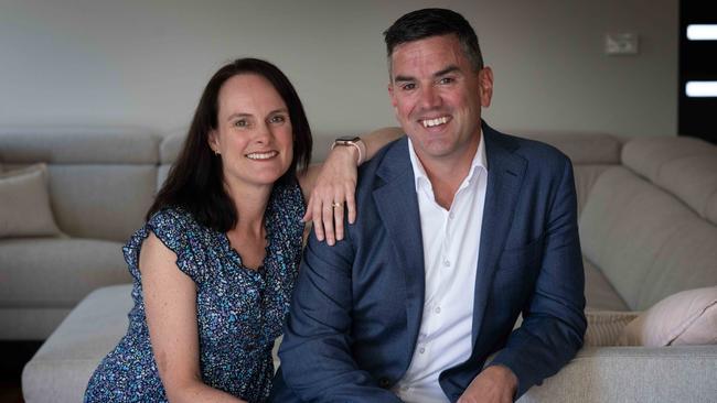 New Liberal leader Brad Battin with his wife Jo at his house in Berwick. Picture: Tony Gough