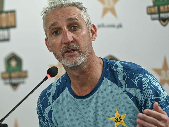 Pakistan's new red-ball coach Jason Gillespie speaks during a press conference at the National Stadium in Karachi on July 7, 2024. Former Australian fast bowler Jason Gillespie on July 7 vowed to make Pakistan a consistent side after taking charge as red-ball coach with a hectic six-month schedule in focus. (Photo by Asif HASSAN / AFP)