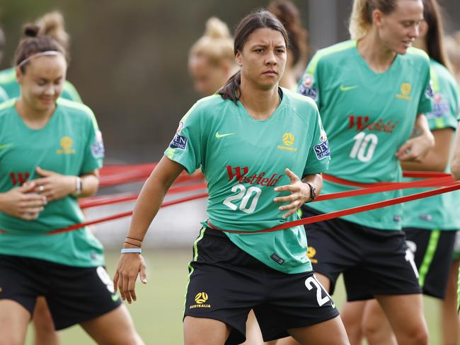 Sam Kerr of the Matildas (centre) is seen during a training session at ABD Stadium in Broadmeadows, Victoria, Tuesday March 5, 2019.  (AAP Image/Daniel Pockett) NO ARCHIVING, EDITORIAL USE ONLY