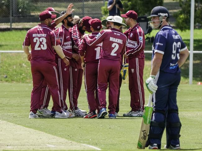 DDCA: North Dandenong players celebrate a wicket. Picture: Valeriu Campan