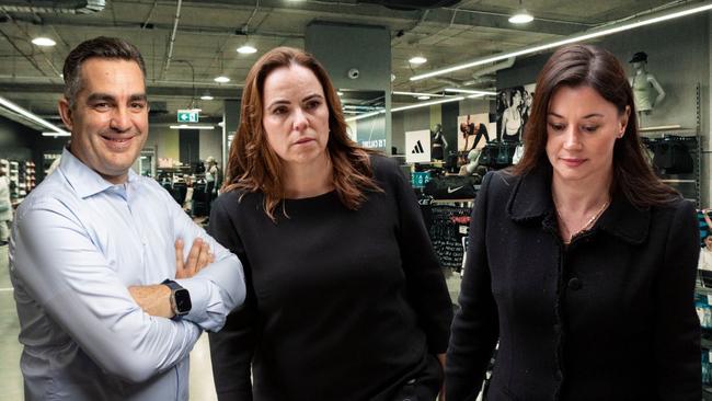 From left: Super Retail Group CEO Anthony Heraghty, and former executives and whistleblowers Rebecca Farrell and Amelia Berczelly.