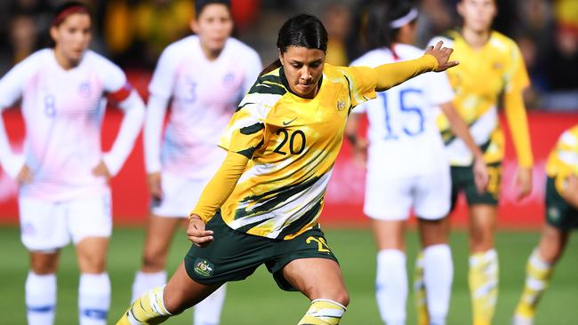 Matildas Sam Kerr takes a penalty during the clash against Chile at Hindmarsh Stadium in November. (Photo by Mark Brake/Getty Images)