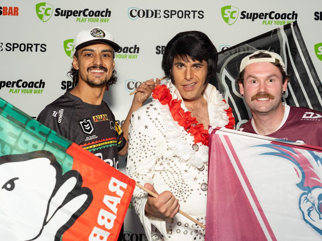 NRL Fans Michael Attard and Brandon Savage with Elvis at the SuperCoach Viva Non-Vegas Party at the Star Casino in Sydney. Picture: Tom Parrish