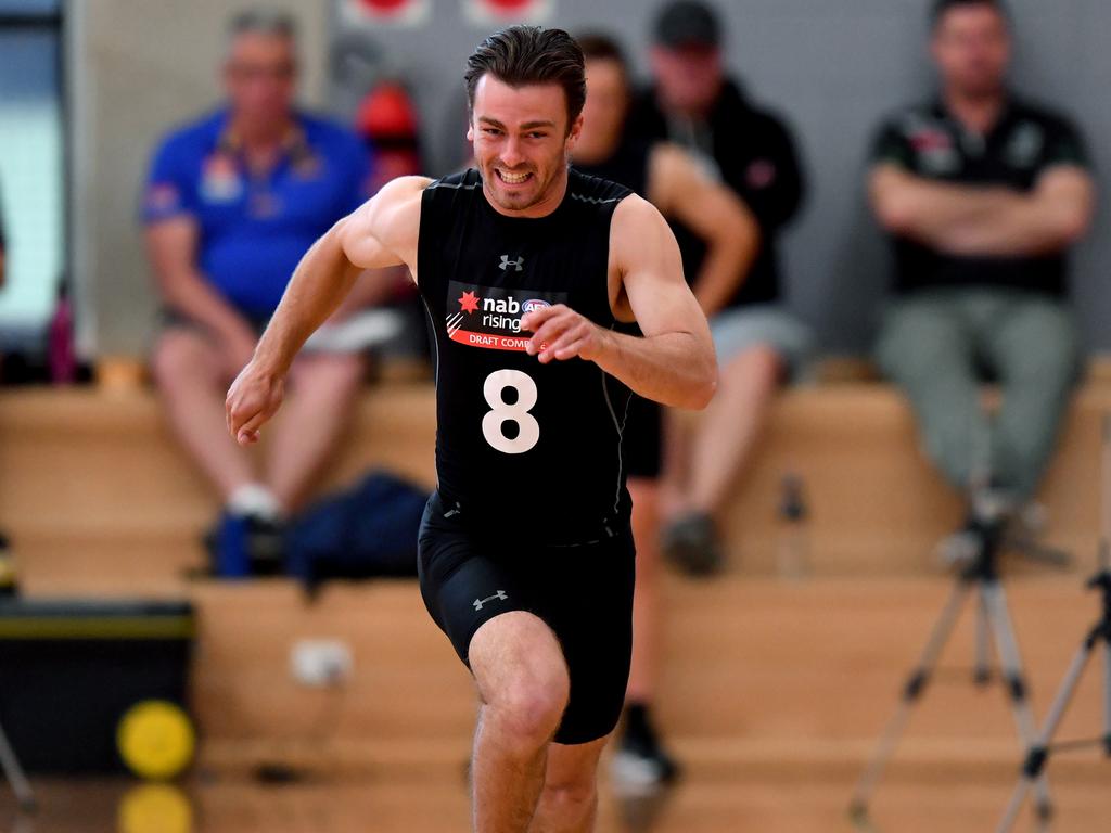 Luke Partington undertakes a sprint test during the 2019 NAB AFL State Draft Combines at Prince Alfred College in Adelaide, Saturday, October 12, 2019. (AAP Image/Sam Wundke) NO ARCHIVING