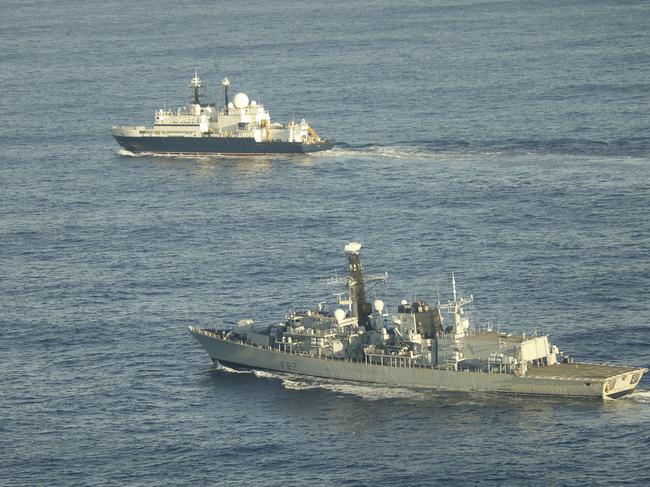 HMS Somerset flanks the Russian spy ship Vantar this week in the English Channel. Picture: UK Ministry of Defence