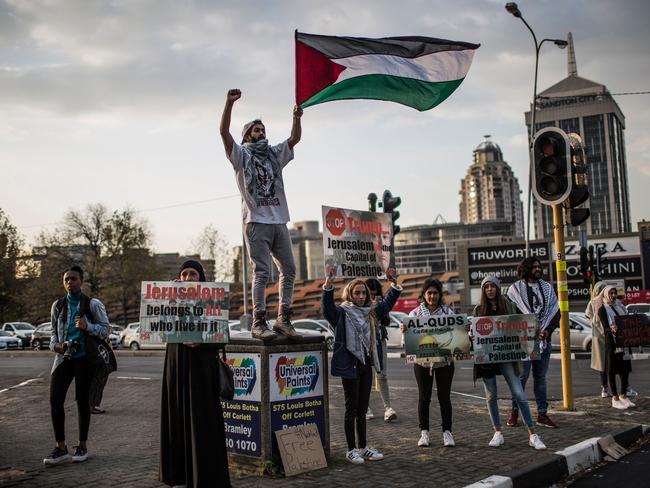 Members of pro-Palestinian groups demonstrate outside the US Consulate General in Johannesburg. Picture: AFP/Gulshan Khan