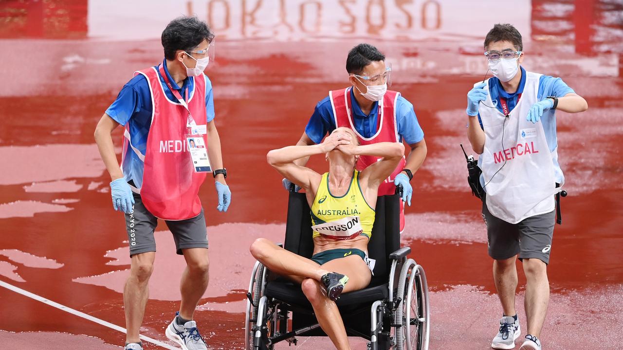 Gregson being wheelchaired off after her final. Picture: Matthias Hangst/Getty Images