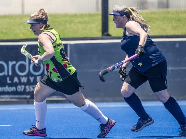 Hells Gellz V Star Strikers in action in the Pan Pacific Masters Games Hockey tournament. Picture: Glenn Campbell