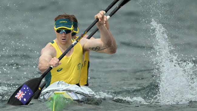 Australia's Jean Van Der Westhuyzen (L) and Australia's Thomas Green compete in the men's kayak double 500m semifinal of the canoe sprint competition at Vaires-sur-Marne Nautical Stadium in Vaires-sur-Marne during the Paris 2024 Olympic Games on August 9, 2024. (Photo by Bertrand GUAY / AFP)