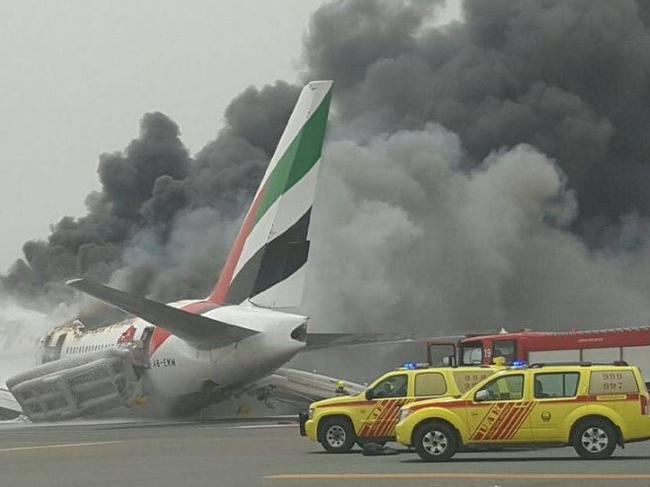 An Emirates plane crash lands at Dubai Airport. Source: Twitter