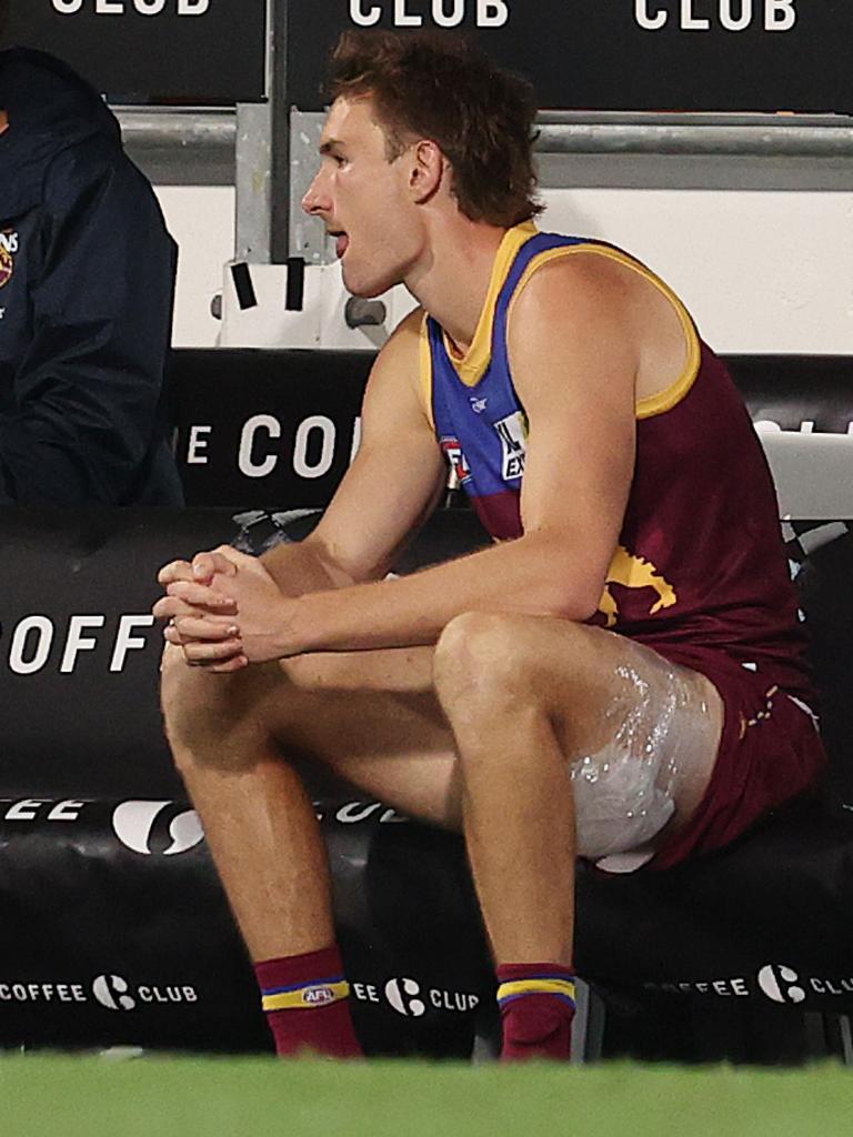 AFL Round 15. Brisbane Lions vs Collingwood at the Gabba. 04/09/2020... an iced up Harris Andrews of the Lions sits on the bench q3 . Pic: Michael Klein