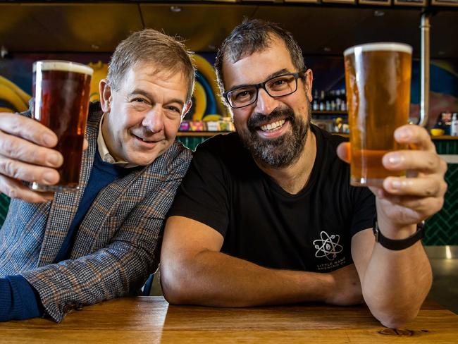 Duxton Pubs co-founder Ed Peter and Little Bang co-founder Ryan Davidson, celebrate Duxton puubs acquiring Little Bang, on June 27th, 2022, in Stepney.Picture: Tom Huntley